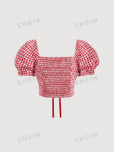 Women's Plaid Short Puff Sleeve Shirt And Skirt Set